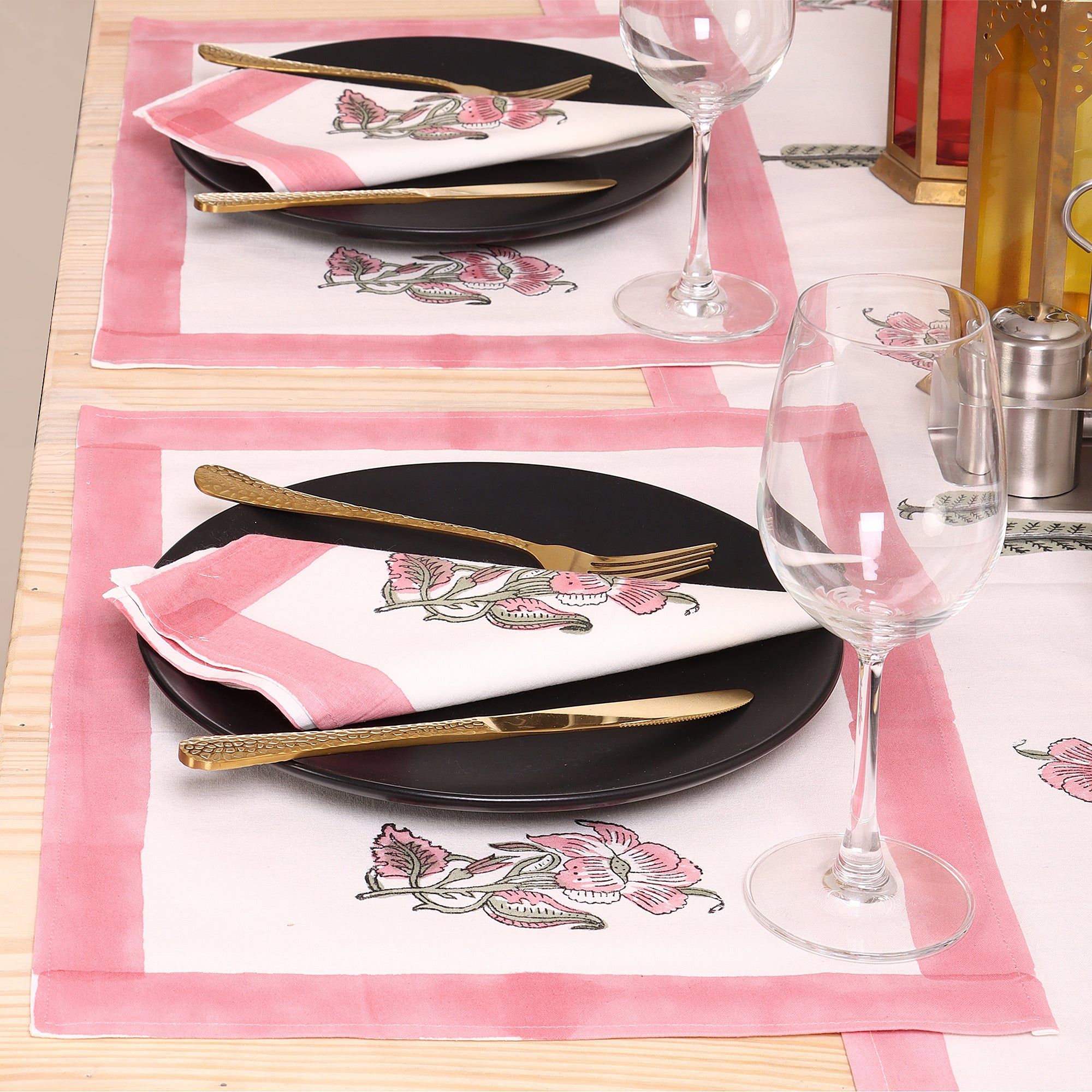 Pink Hand Block Printed Cotton Dining Table Mats And Runners